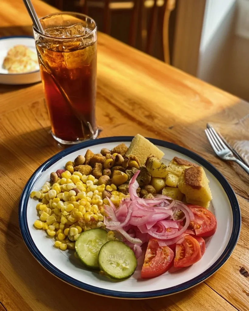 Delicious local Amish veggies including stewed potatoes and corn