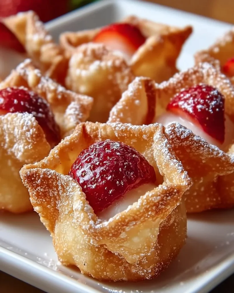 Deep-fried strawberry cheesecake wonton bites garnished with strawberries and cream