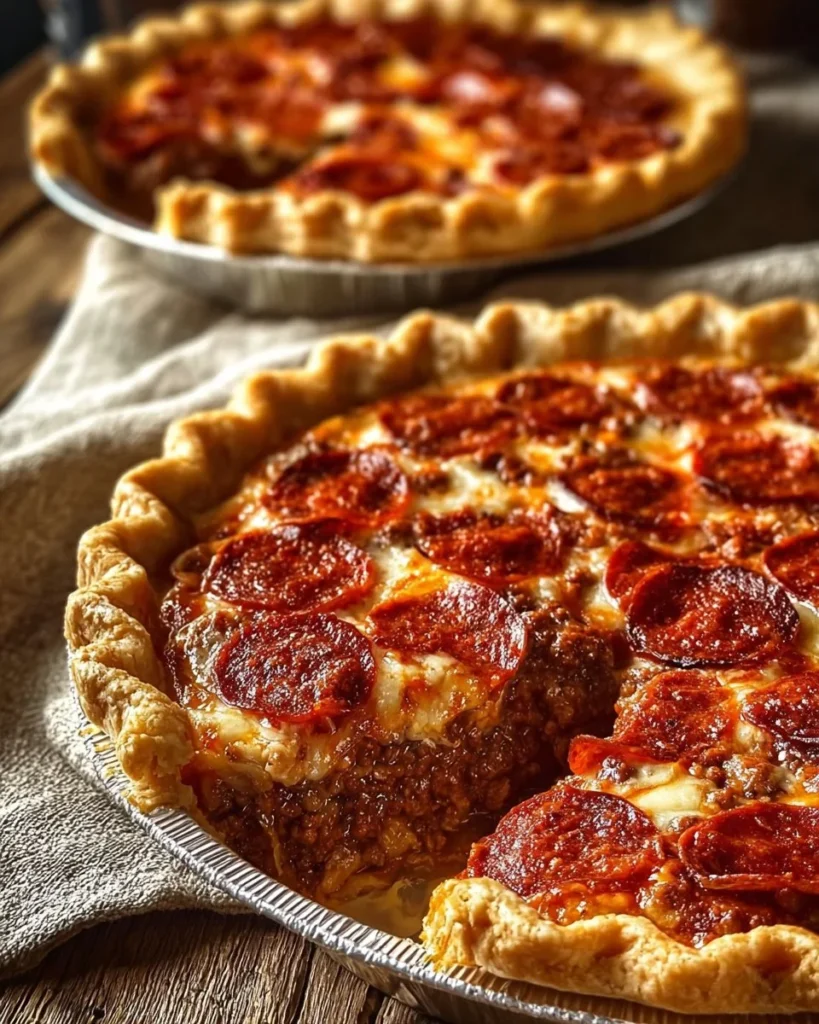 Deep Hamburger Pie with sausage and pepperoni, topped with melted cheese.