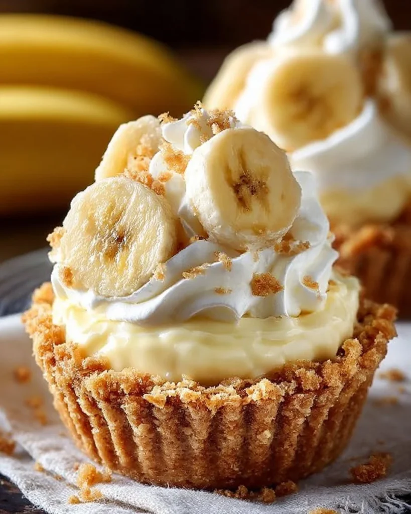 Delicious banana cream pie bites on a plate, garnished with whipped cream.