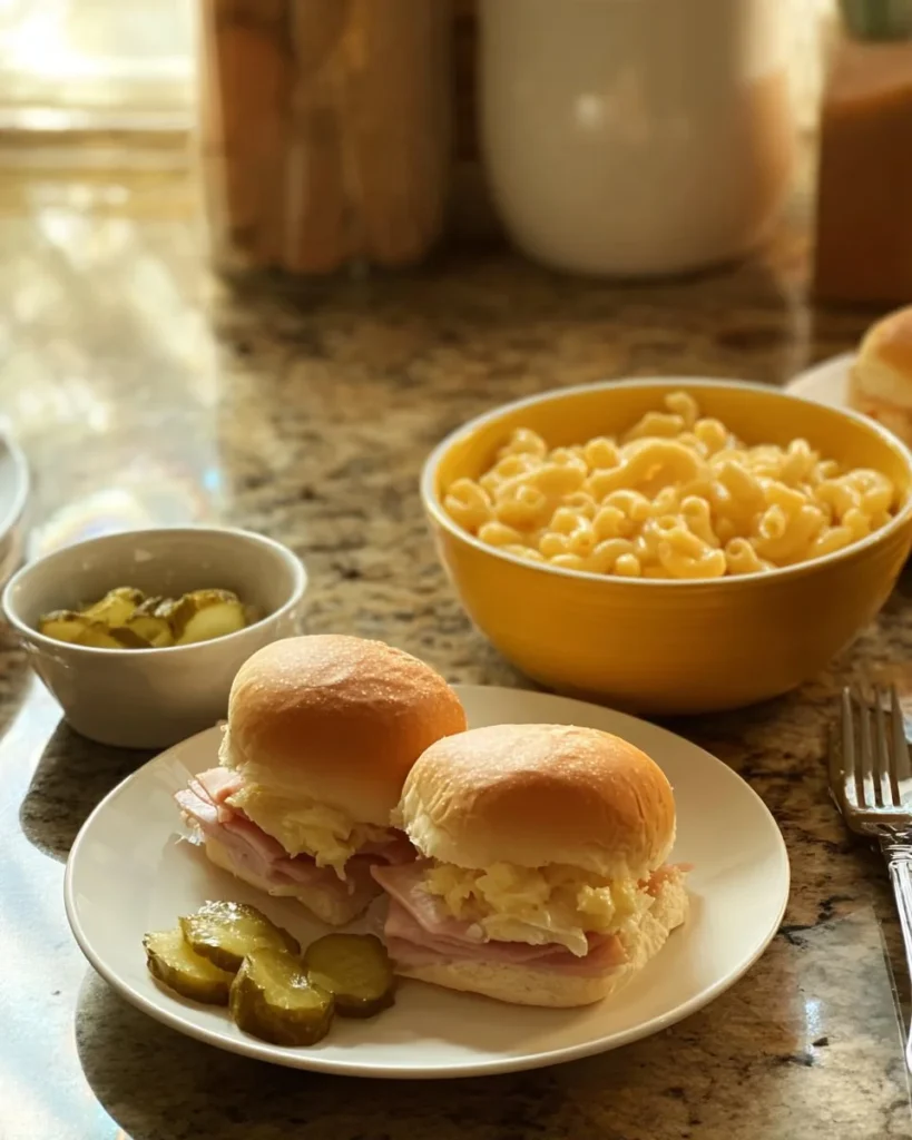 Deli ham and Swiss sandwiches stacked on a cutting board.