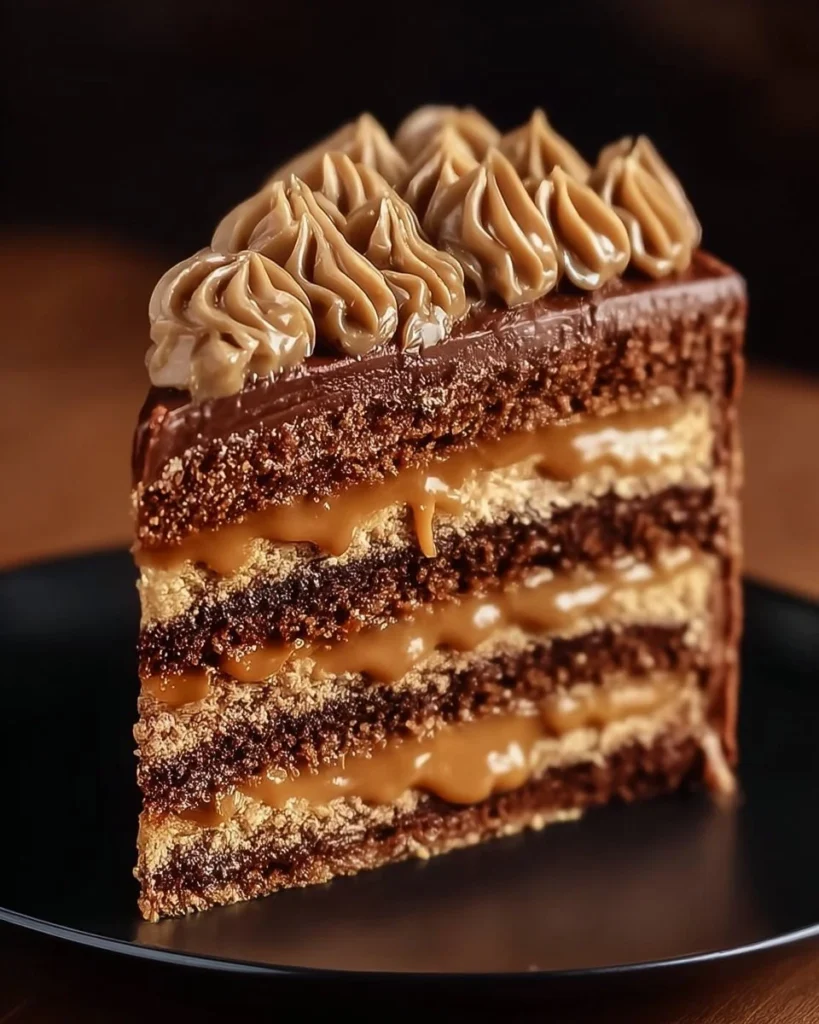 Delicate caramel cake topped with coffee cream, perfect for dessert lovers.