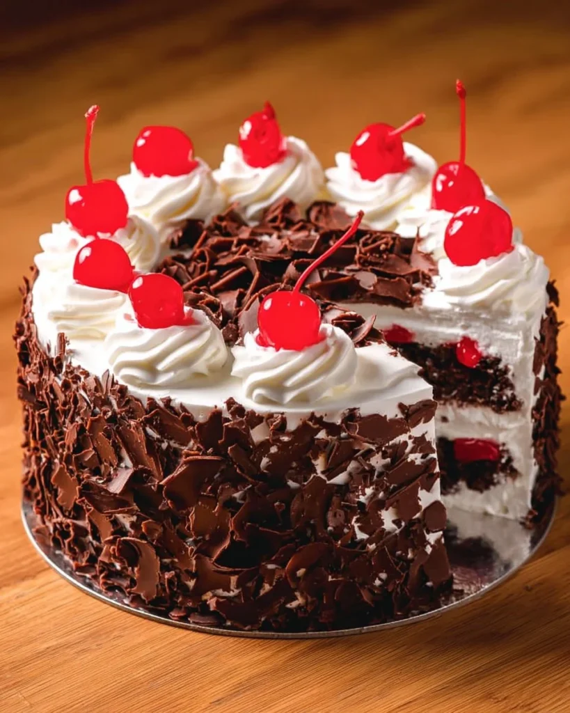 Delicious Black Forest Cake with cherries and whipped cream layers