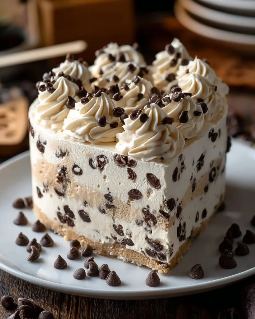 Chocolate chip cookie dough ice cream cake topped with cookie pieces
