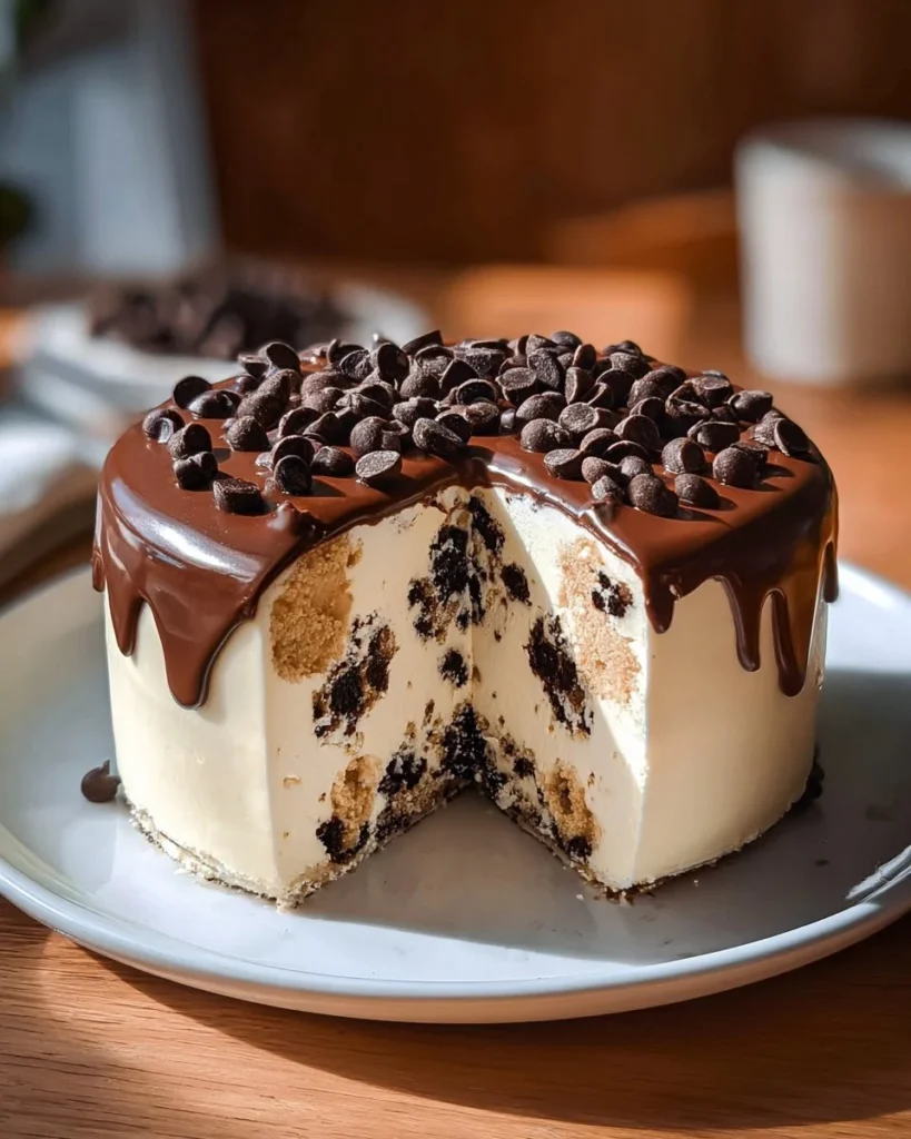Delicious chocolate chip cookie dough ice cream cake slice with toppings
