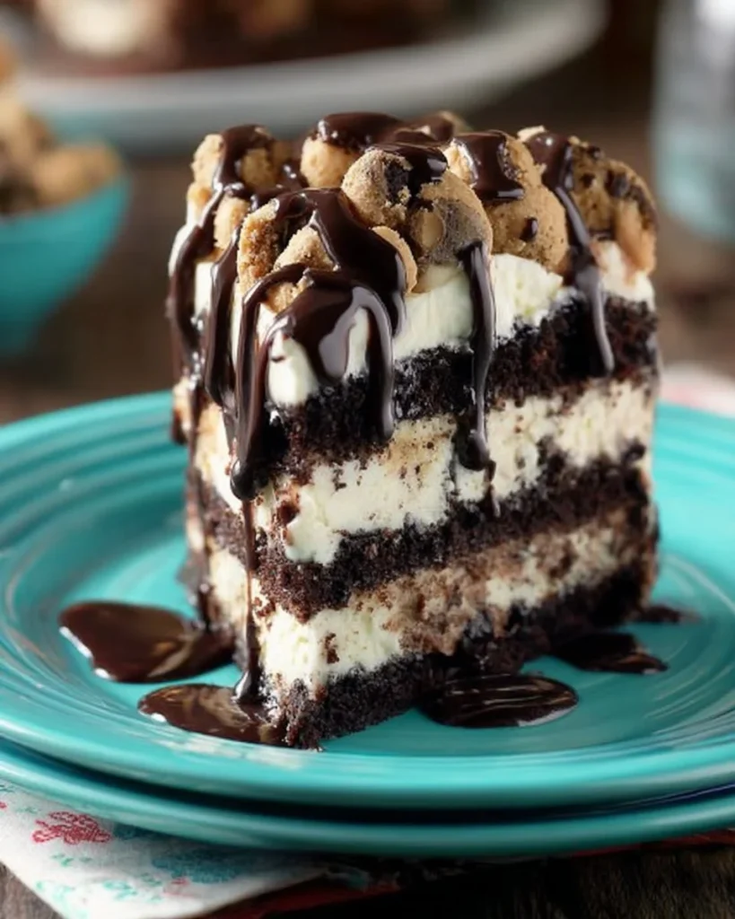 Delicious chocolate chip cookie dough ice cream cake with chocolate chips and cream layers
