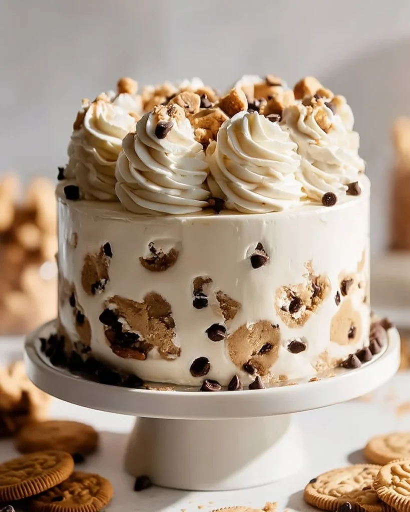Delicious chocolate chip cookie dough ice cream cake with chocolate chips