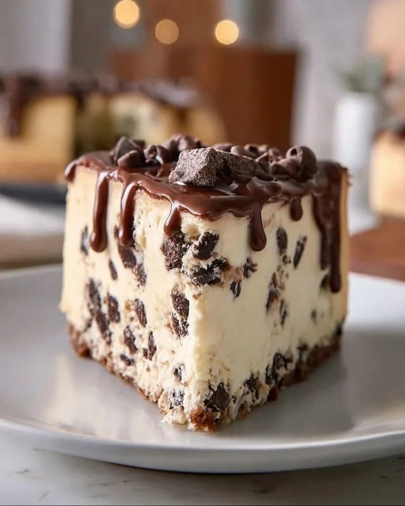Delicious chocolate chip cookie dough ice cream cake with chocolate covered edges