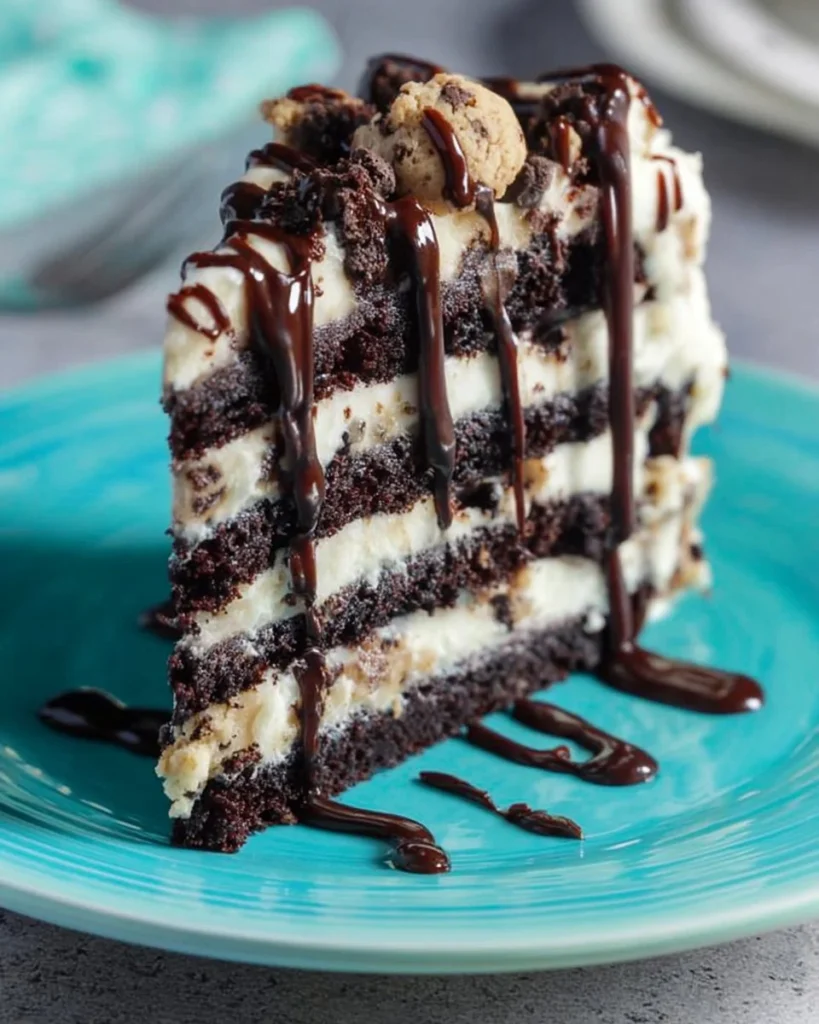 Delicious chocolate chip cookie dough ice cream cake slice with toppings