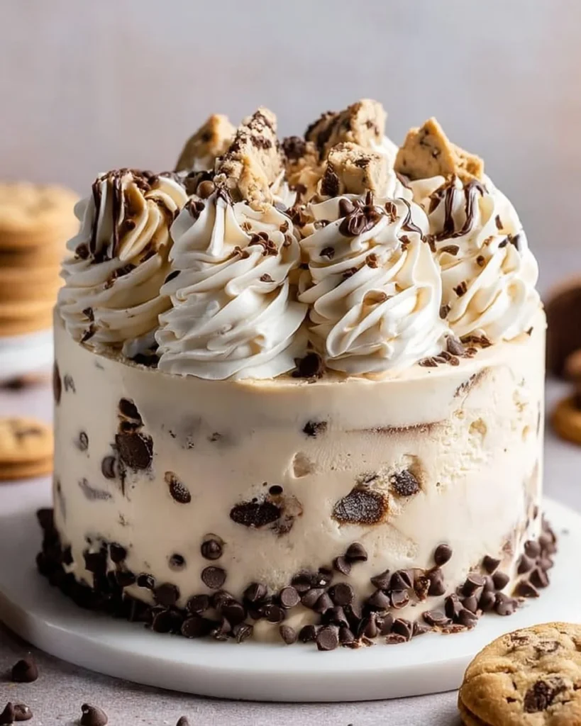 Delicious chocolate chip cookie dough ice cream cake with creamy layers