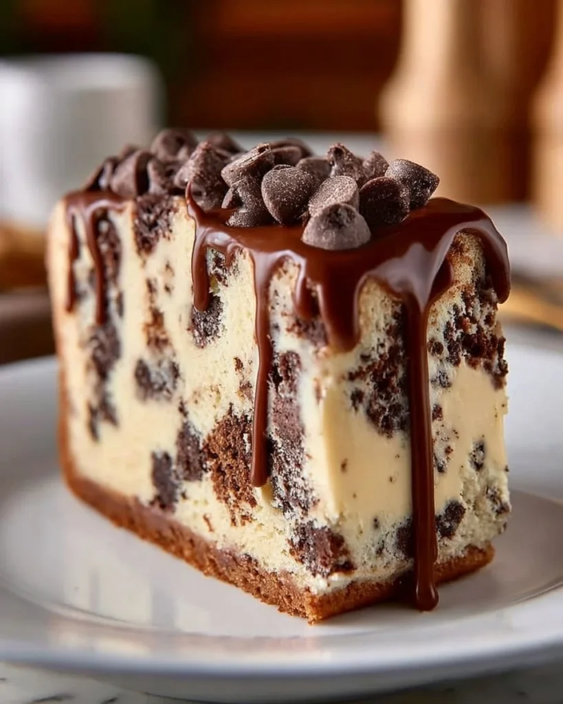 Delicious chocolate chip cookie dough ice cream cake with chocolate toppings