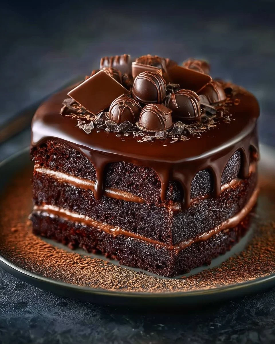 Delicious Chocolate Indulgence Cake topped with chocolate ganache and fresh berries.