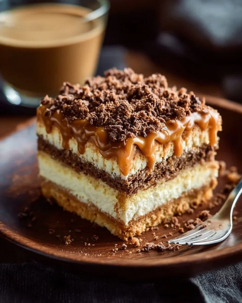 Slice of delicious coffee cake on a plate with coffee mug