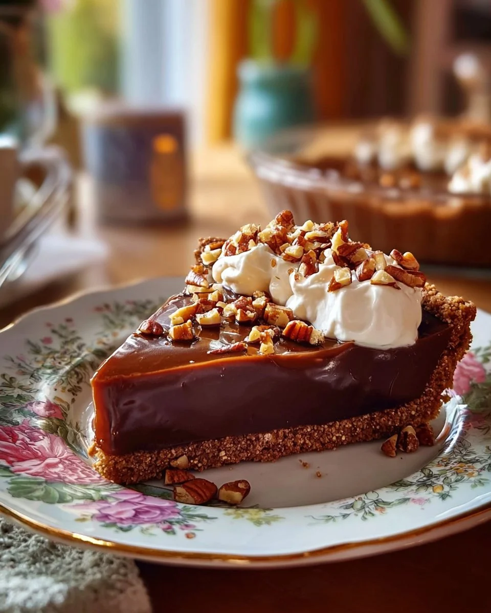 Delicious condensed milk pecan pie with a sweet glaze on a rustic table