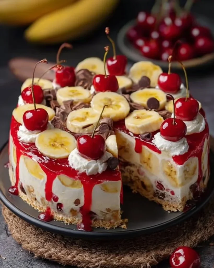 No-bake banana split cheesecake topped with whipped cream and cherries