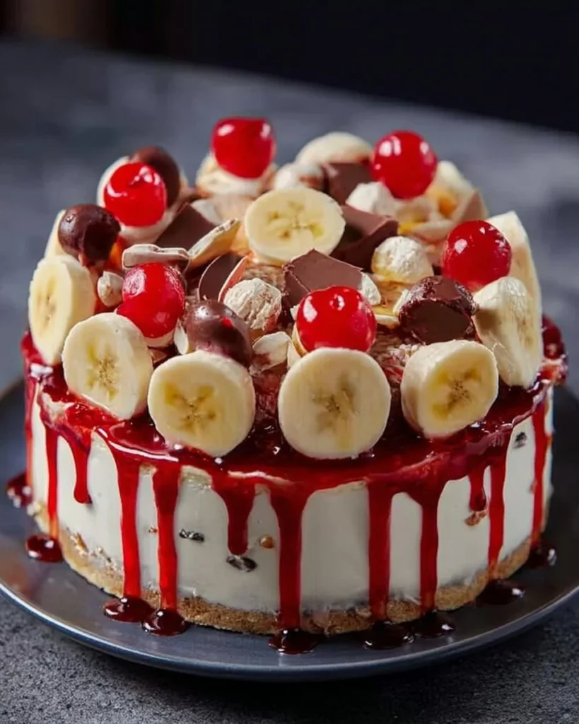 No-bake banana split cheesecake topped with bananas, whipped cream, and cherries