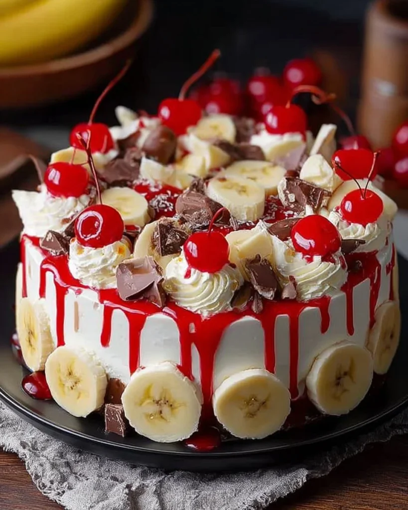 No-bake banana split cheesecake with fresh bananas, chocolate, and whipped cream