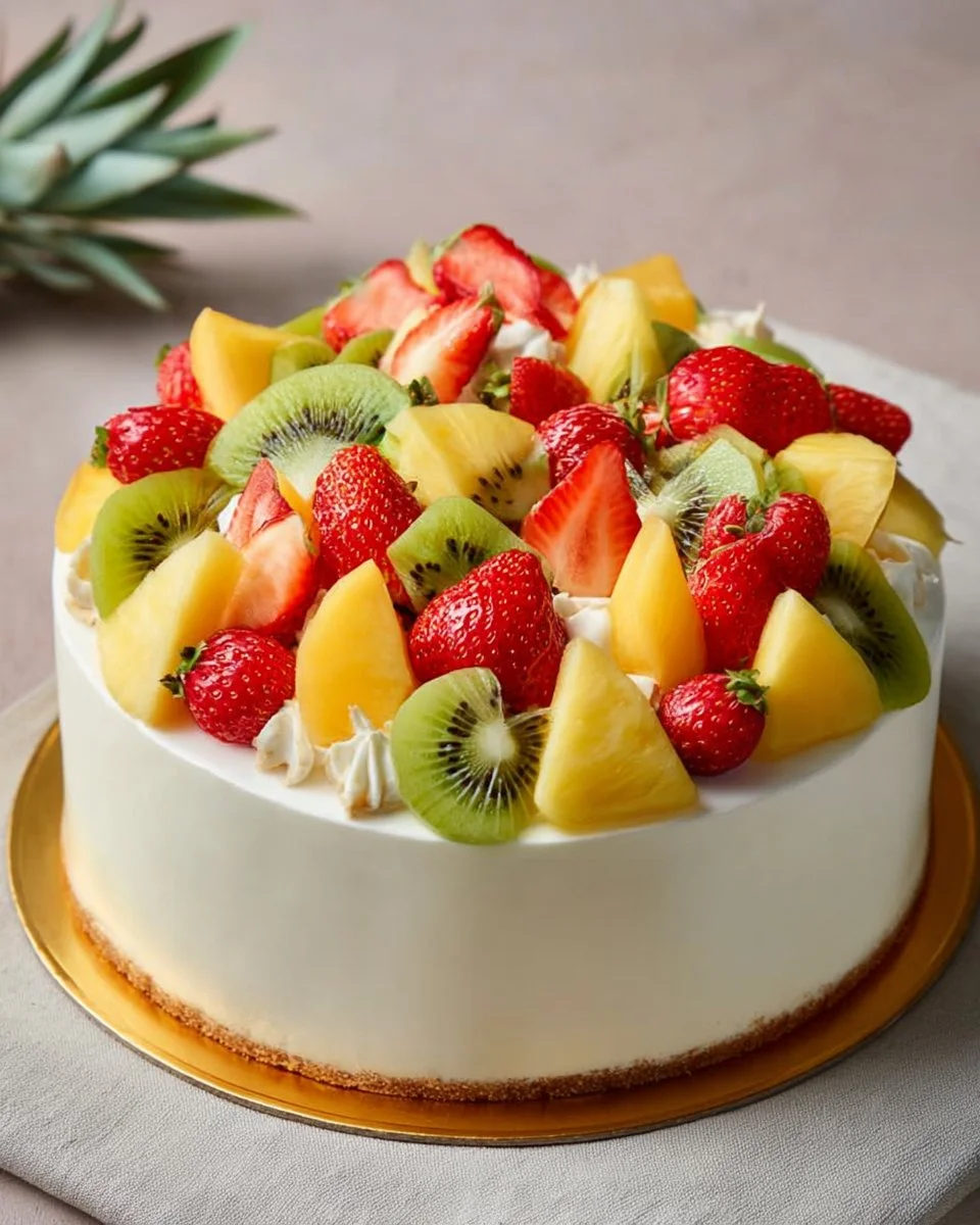 Delicious tropical fruit cheesecake topped with a variety of exotic fruits