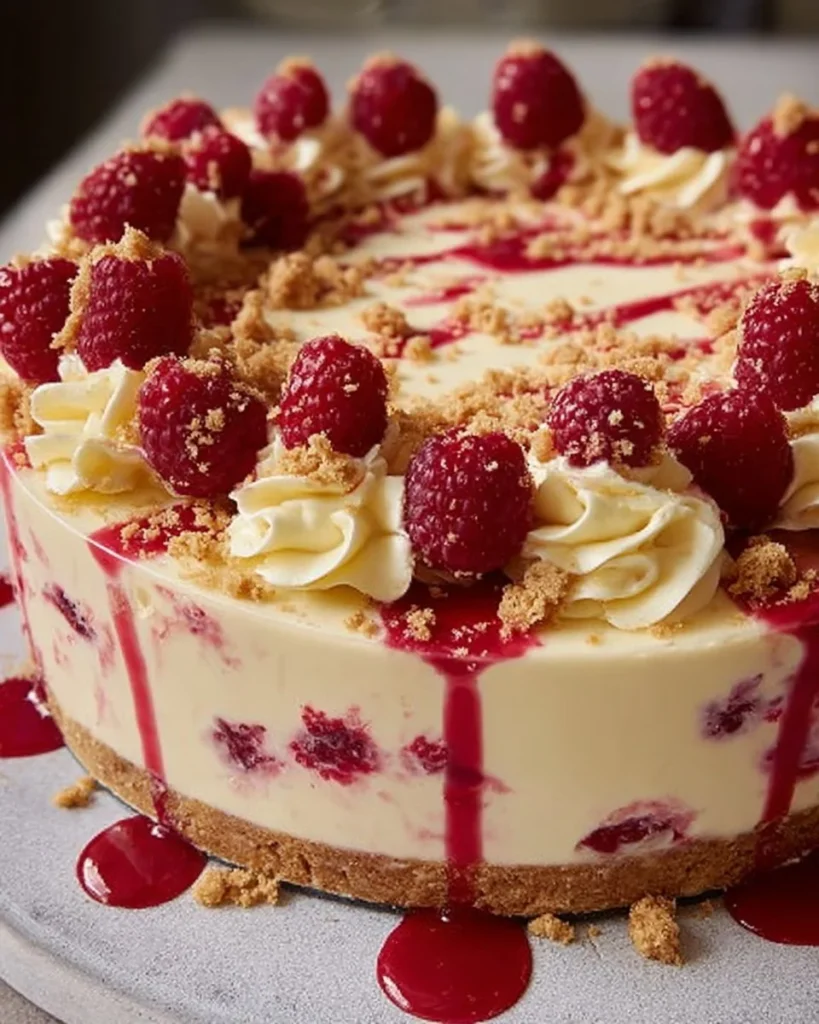 Slice of delicious white chocolate raspberry cheesecake topped with fresh raspberries