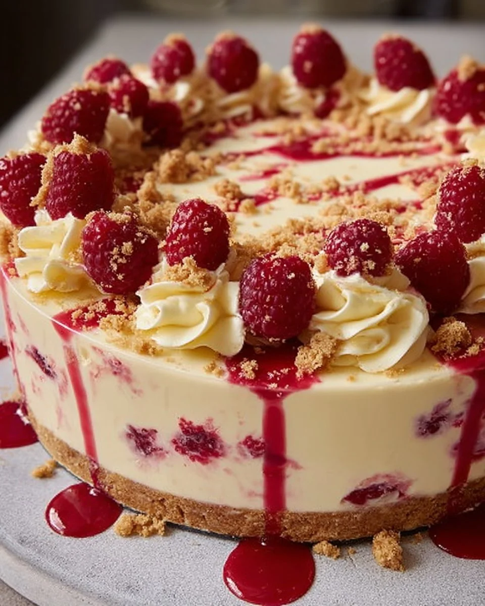 Slice of delicious white chocolate raspberry cheesecake topped with fresh raspberries