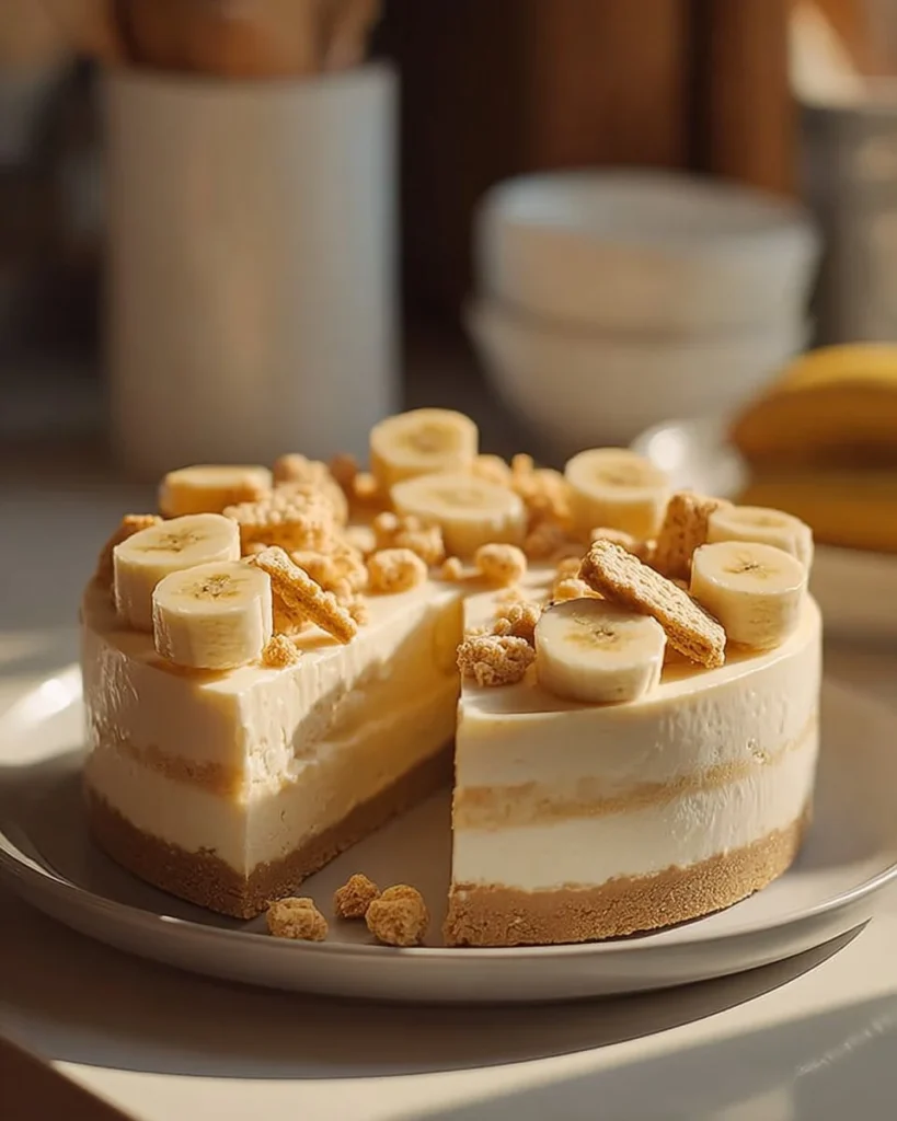 Delightful banana cream cheesecake topped with whipped cream and banana slices.