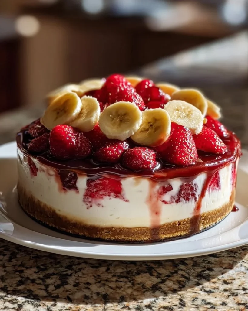 A delicious no-bake banana split cheesecake topped with whipped cream and fruit