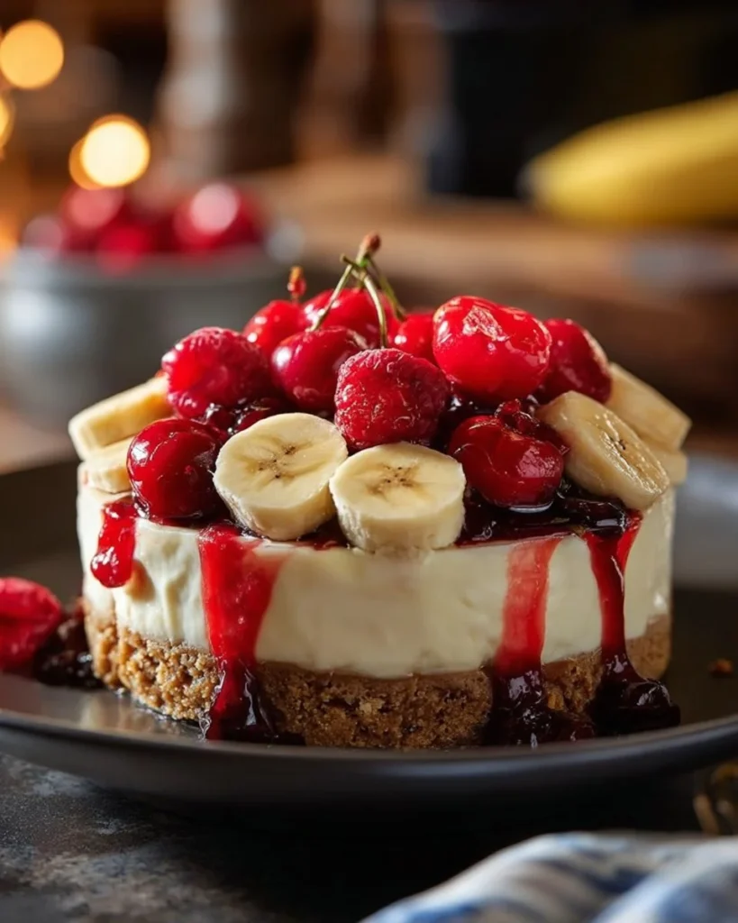 No-bake banana split cheesecake with whipped cream and fruits