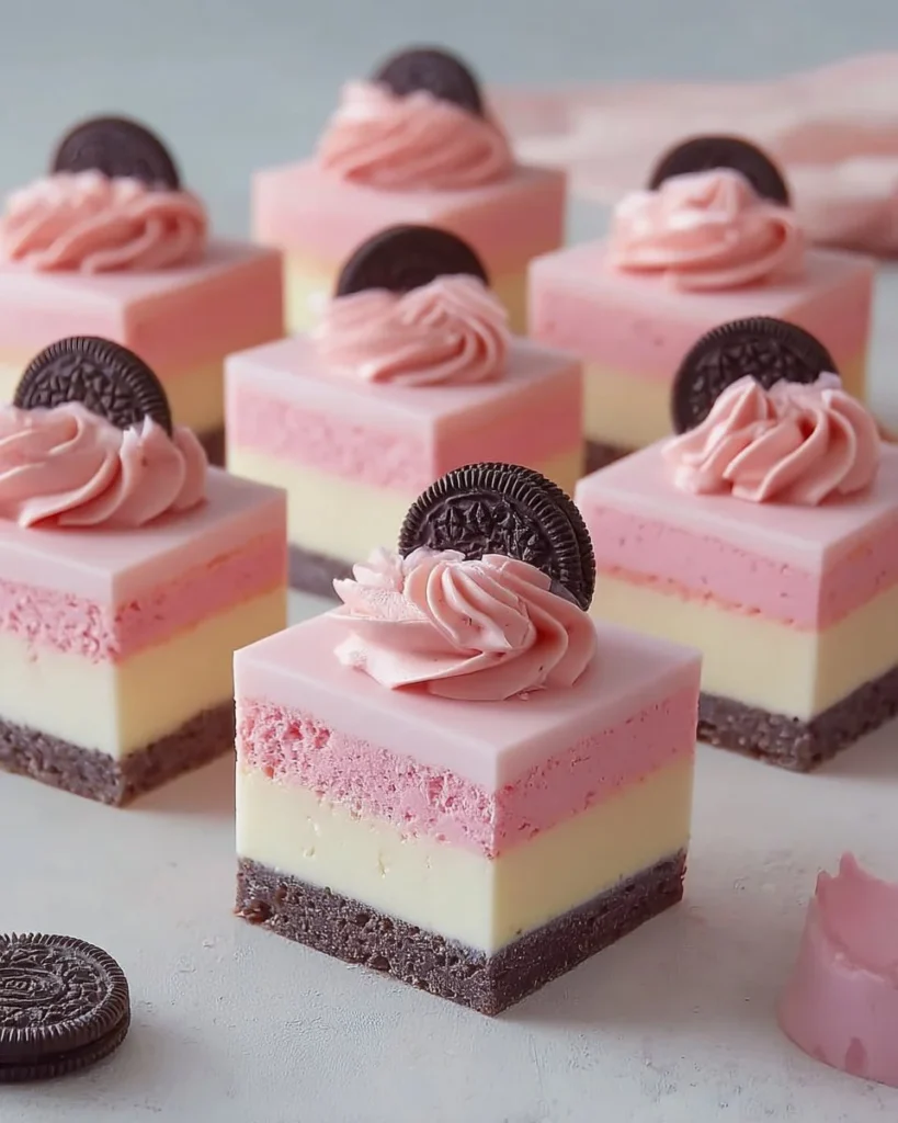 Delightful Pink Oreo Cheesecake Squares topped with crushed Oreos.