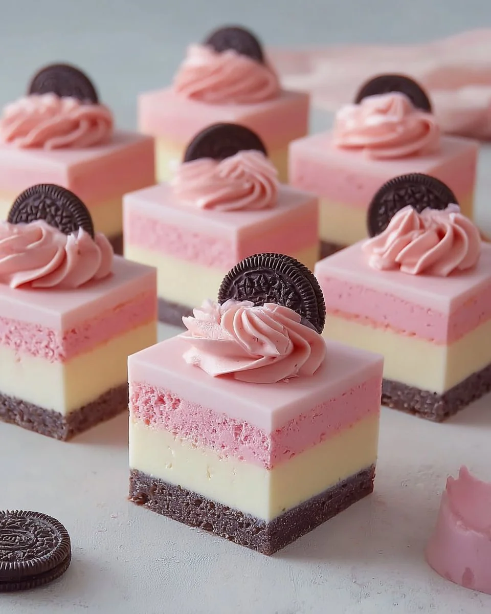 Delightful Pink Oreo Cheesecake Squares topped with crushed Oreos.