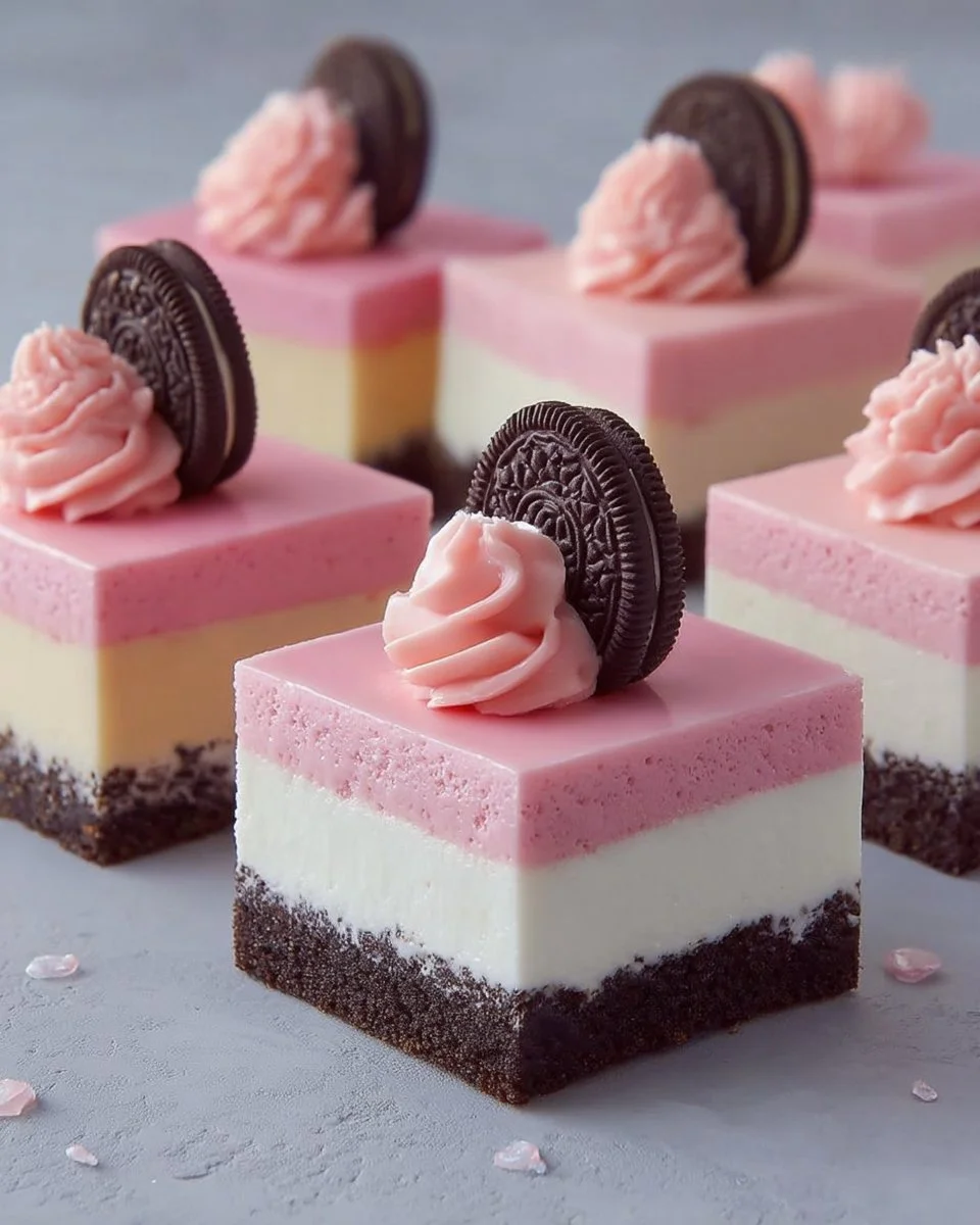Deliciously crafted pink Oreo cheesecake squares topped with a creamy layer.
