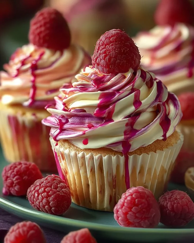 Delicious raspberry cheesecake cupcakes with fresh raspberries on top