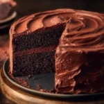 Delicious slice of homemade Devil's Food Cake topped with chocolate frosting