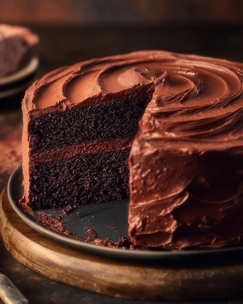 Delicious slice of homemade Devil's Food Cake topped with chocolate frosting
