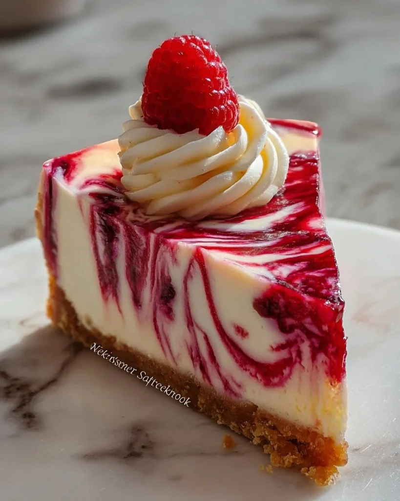 Delicious raspberry marble cheesecake with cream cheese and raspberry swirl