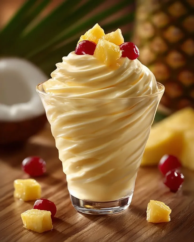 Delicious Dole Whip dessert served in a cup, showcasing its creamy texture and vibrant color.