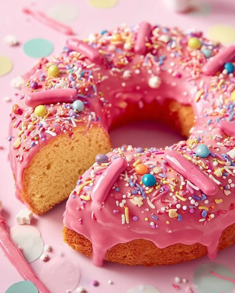 Delicious donut cake topped with colorful sprinkles and a chocolate glaze.