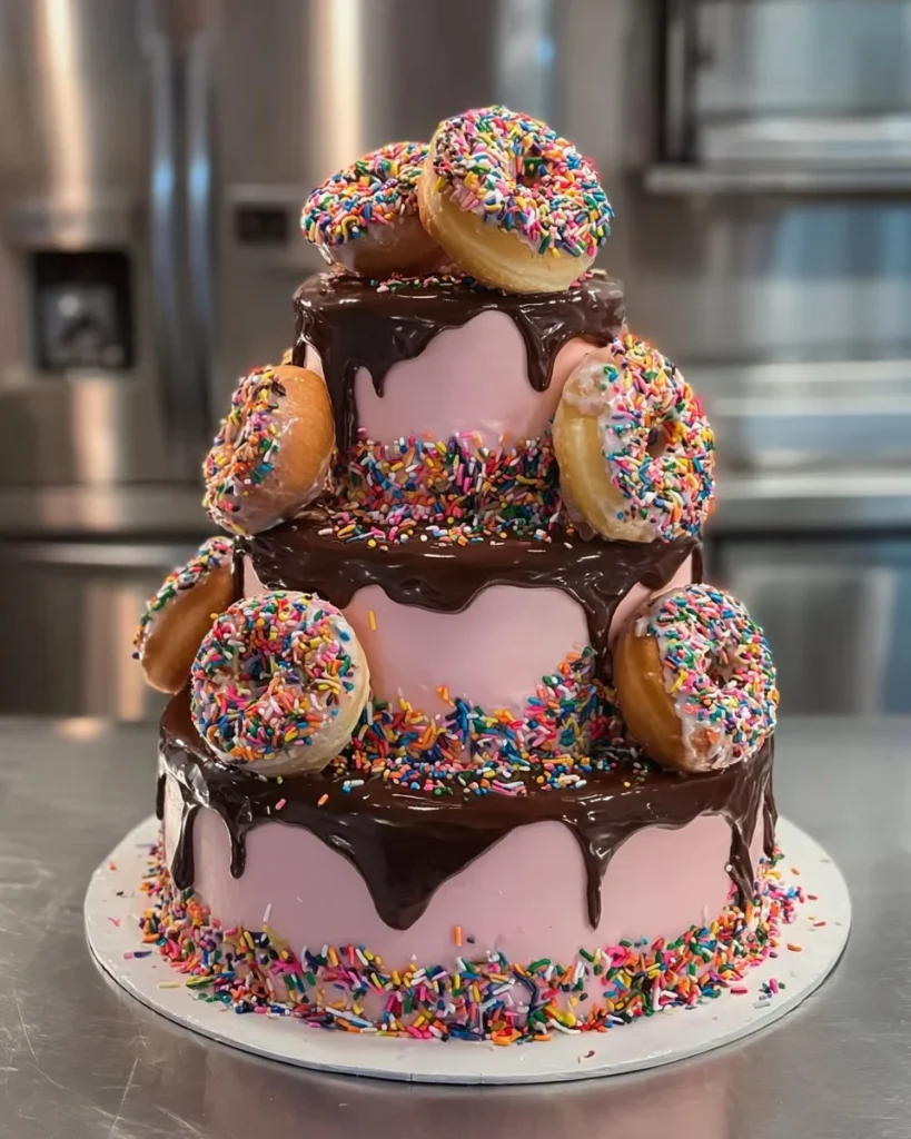 Delicious donut drip cake with colorful donuts on top and chocolate drizzle