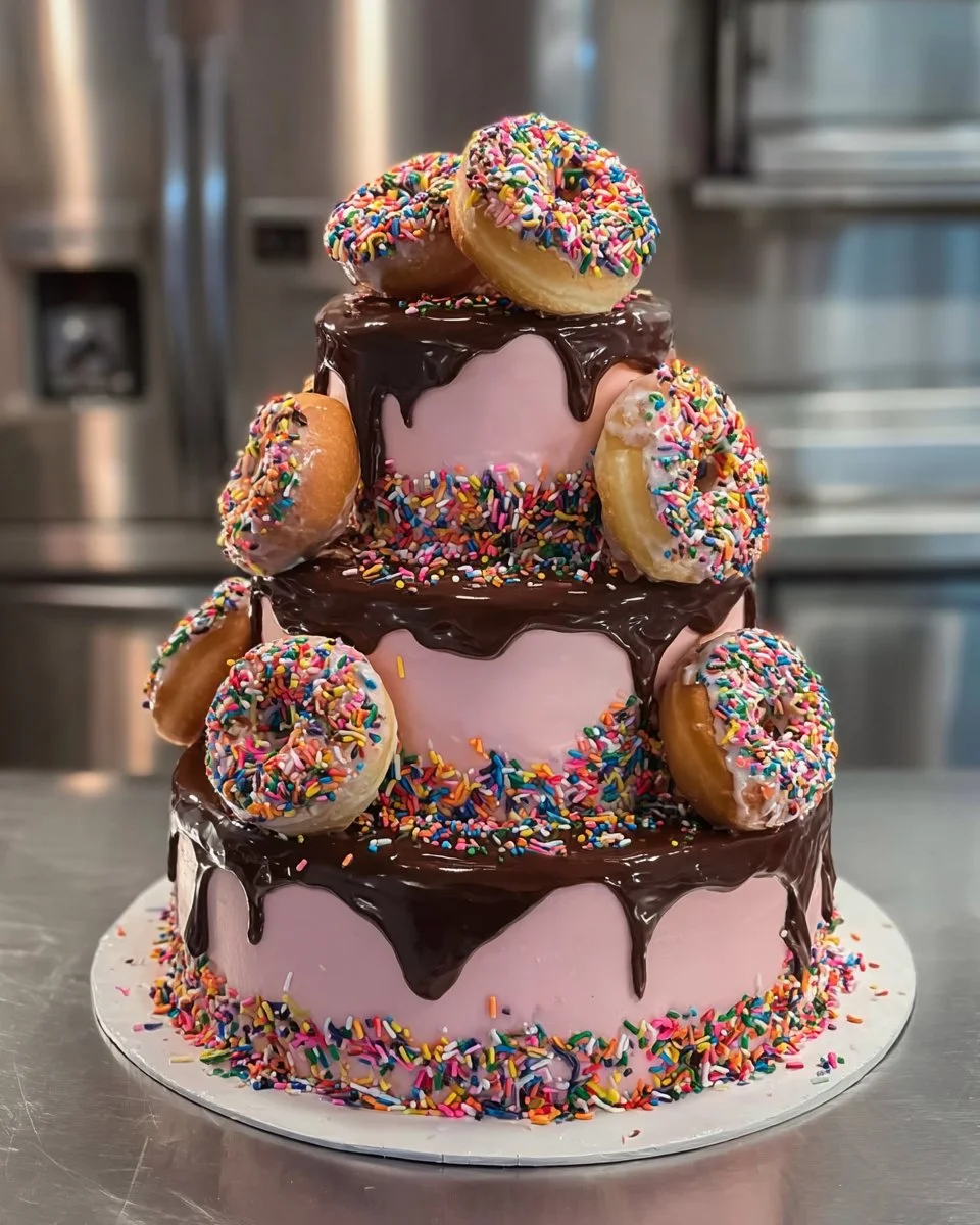 Delicious donut drip cake with colorful donuts on top and chocolate drizzle