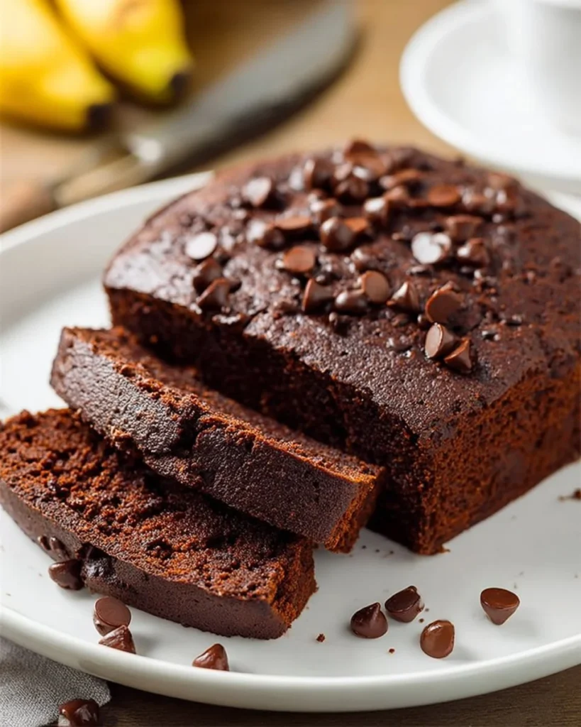 Slice of double chocolate banana bread topped with chocolate chips.