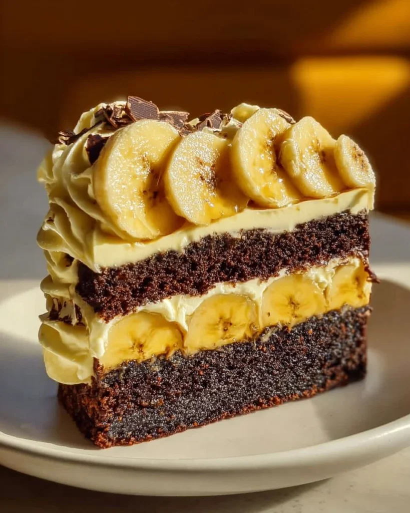 Double chocolate banana layer cake with rich frosting and banana slices