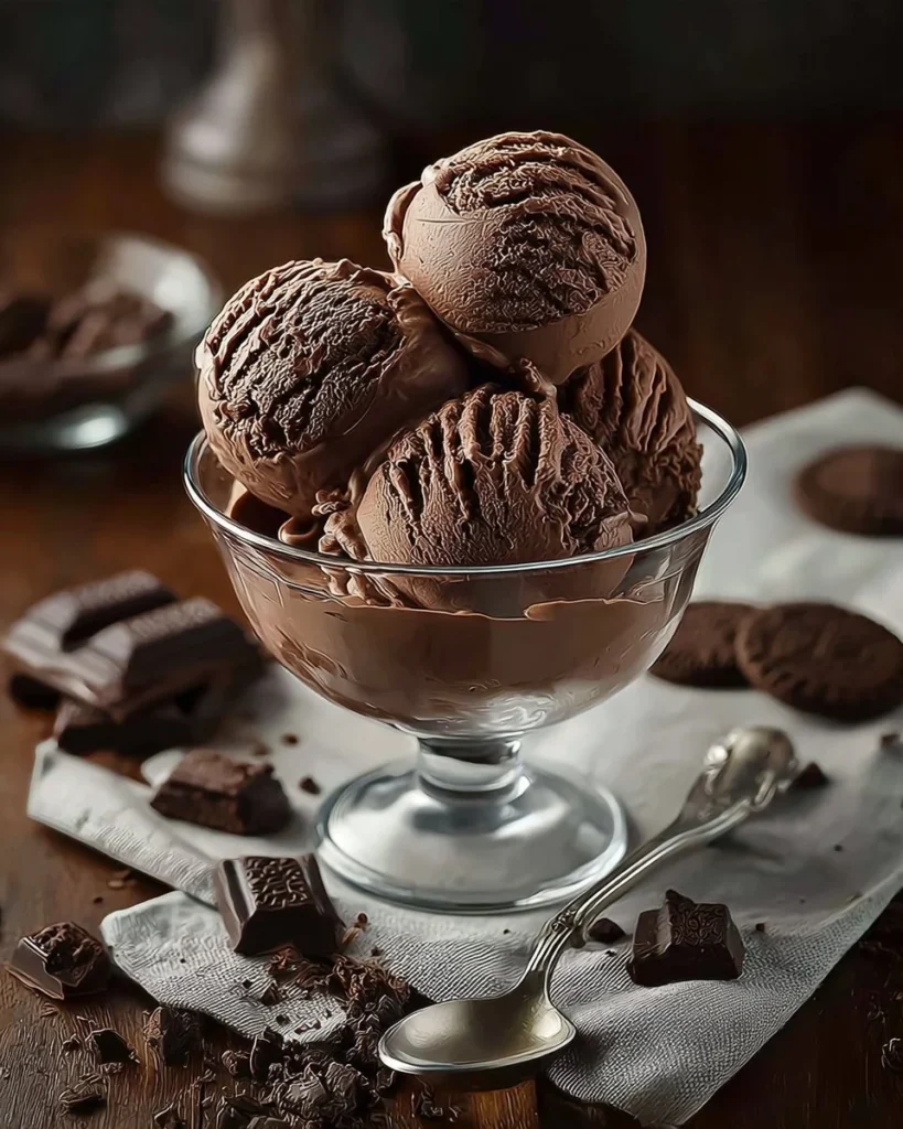 Double chocolate ice cream in a cone topped with chocolate flakes