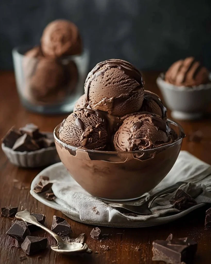 Delicious double chocolate ice cream in a cone topped with chocolate flakes