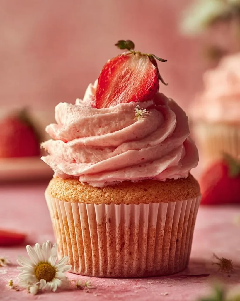 Double Strawberry Cupcakes with fresh strawberries and creamy frosting