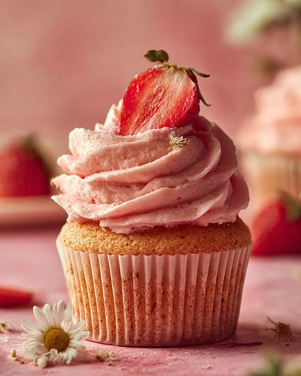 Double Strawberry Cupcakes with fresh strawberries and creamy frosting