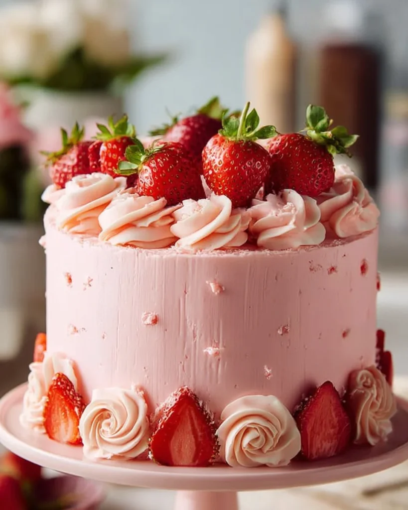 Double Strawberry Delight Cake topped with fresh strawberries and creamy frosting