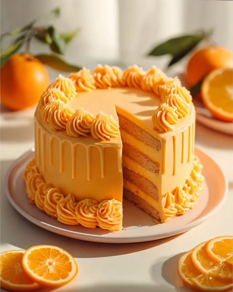 Slice of dreamy Orange Creamsicle Cake with orange frosting and cream filling