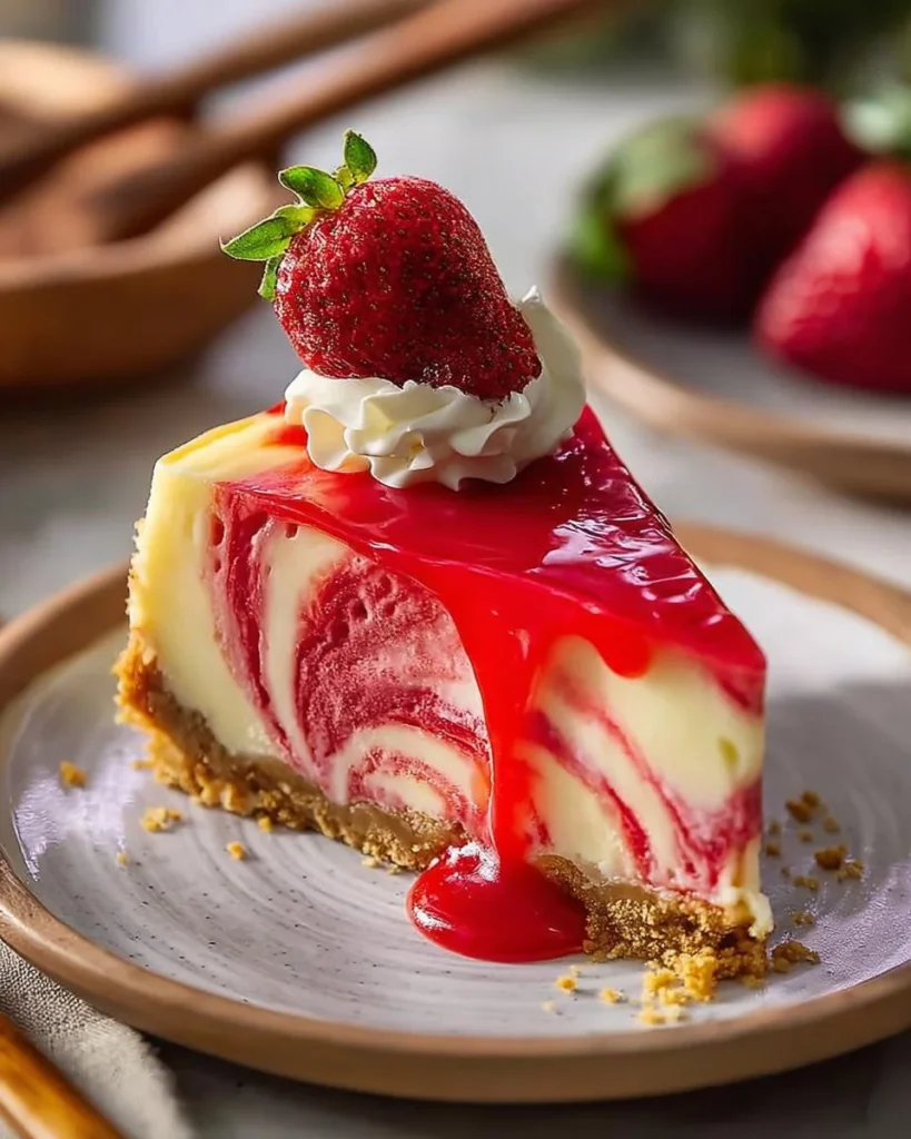 Dreamy strawberry swirl cheesecake topped with fresh strawberries