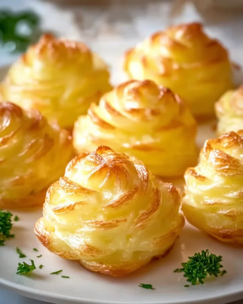 A plate of beautifully piped Duchess Potatoes, golden brown and garnished.