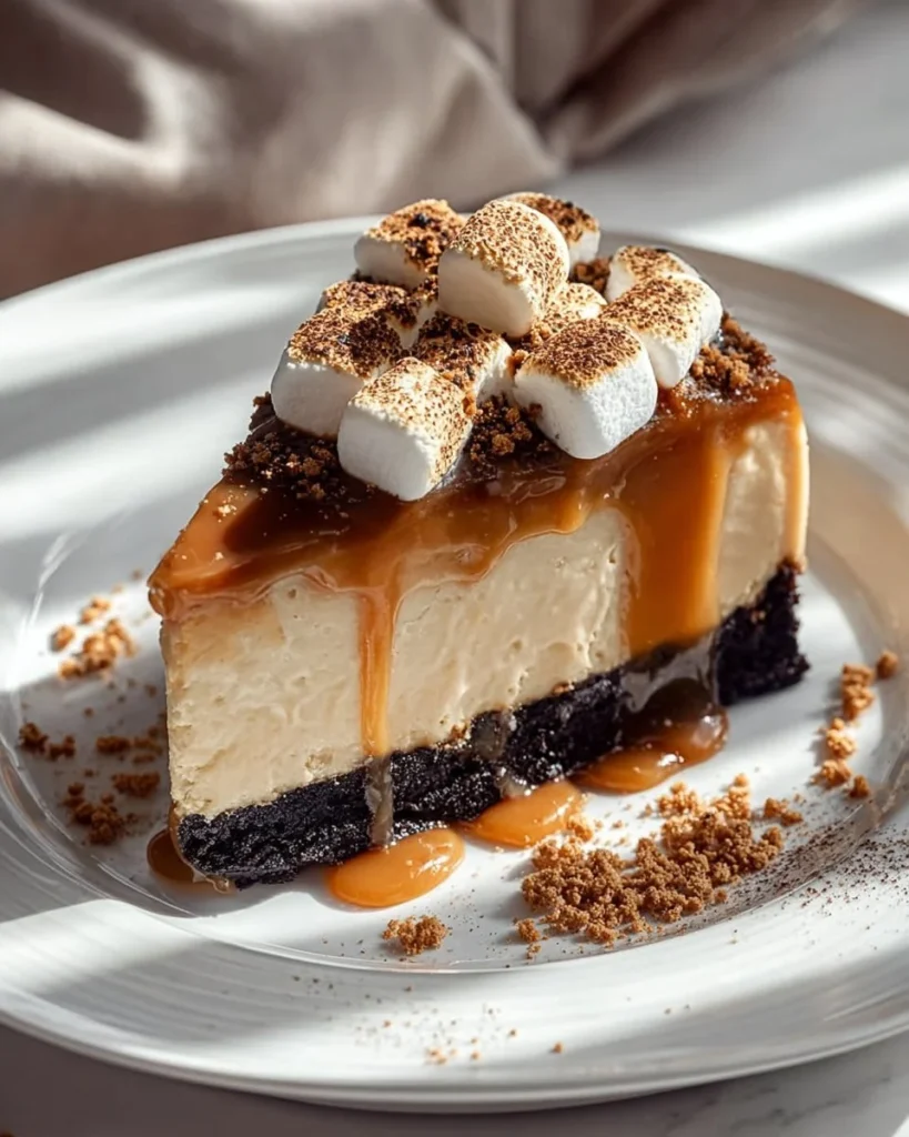 Delicious Dulce de Leche and Marshmallow Cheesecake topped with a caramel drizzle