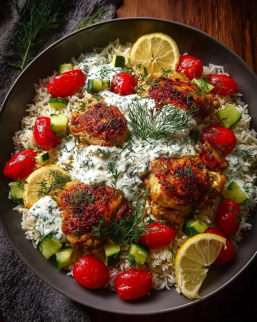 Baked chicken tzatziki rice served in a bowl with fresh herbs and lemon